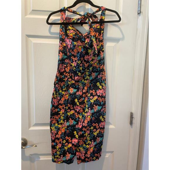 Unique Vintage Black Floral Pencil Tiki Flamingo Print Dress in Black Sz 6 #33 - Picture 6 of 7